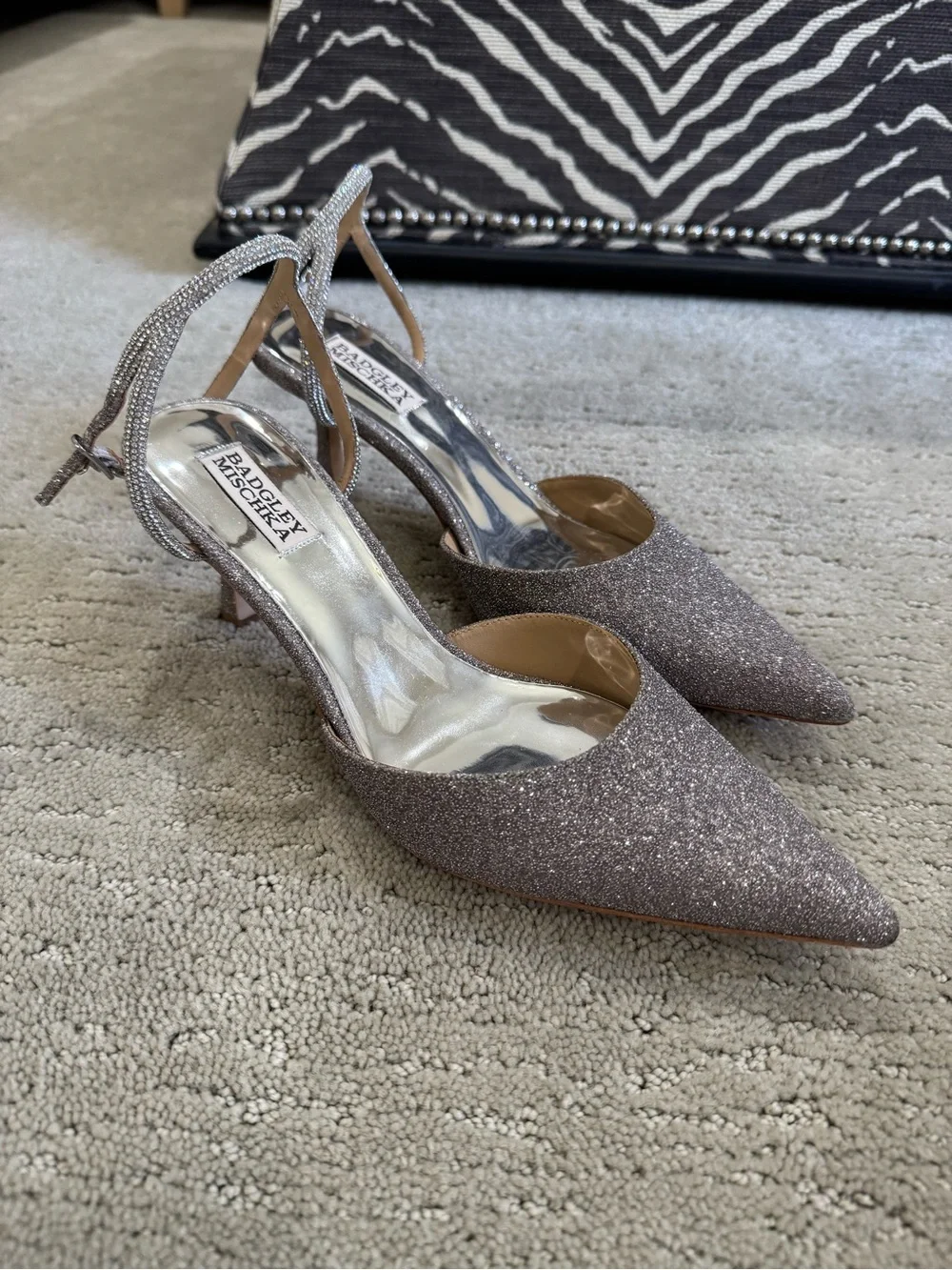 Badgley Mischka Autumn Silver Glitter Pointed Toe Mid-Heel Pump with Ankle Strap